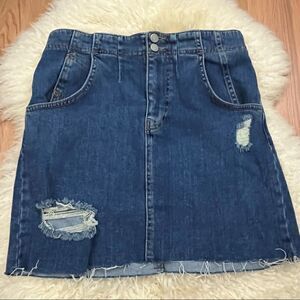 Free People Dark Wash Distressed High Waist Denim Skirt 6